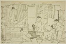The First Bath of the New Year (Yudono hajime), from the illustrated book "Colors of the..., c.1787. Creator: Torii Kiyonaga