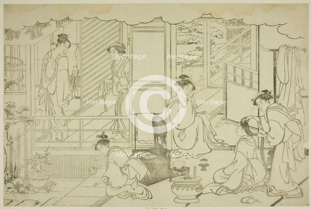 The First Bath of the New Year (Yudono hajime), from the illustrated book "Colors of the..., c.1787. Creator: Torii Kiyonaga.