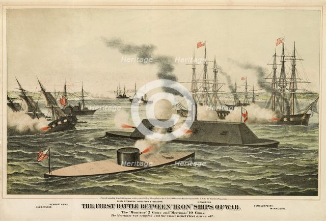 The First Battle Between 'Iron' Ships of War, published c.1862.