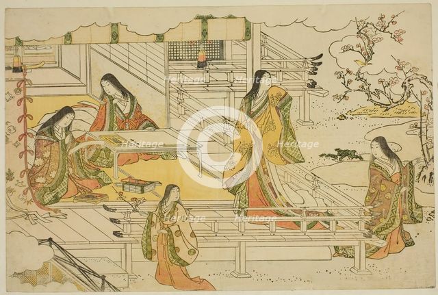 The First Calligraphy of the New Year (Kissho hajime), from the illustrated book "Colors..., c.1787. Creator: Torii Kiyonaga.