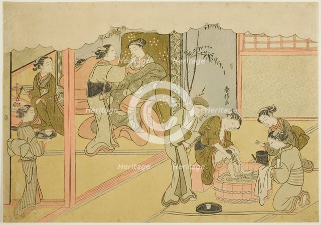 The First Childbirth (Uizan), the seventh sheet of the series "Marriage in Brocade..., c. 1769. Creator: Suzuki Harunobu.