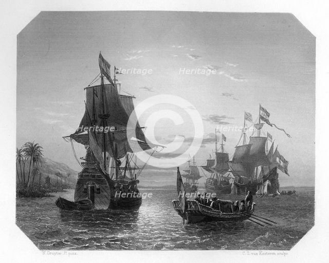 The first Dutch ship in East Indies, 1596, (c1870).  Artist: Van Kesteren