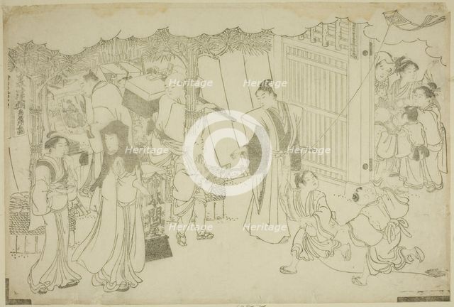 The First Day of Business (Akinai hajime), from the illustrated book "Colors of the..., c. 1787. Creator: Torii Kiyonaga.