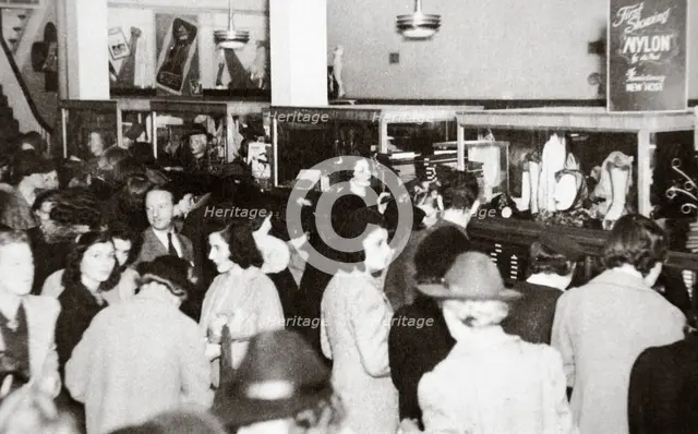 The first experimental sale of nylon stockings, Wilmington, Delaware, USA, 25 October, 1939. Creator: Unknown.