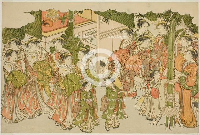 The First Garments of the New Year (Kiso hajime), from the illustrated book "Colors..., c. 1787. Creator: Torii Kiyonaga.
