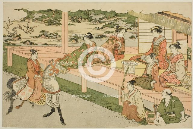 The First Horseback Ride of the New Year (Uma norizome), from the illustrated book..., c. 1787. Creator: Torii Kiyonaga.