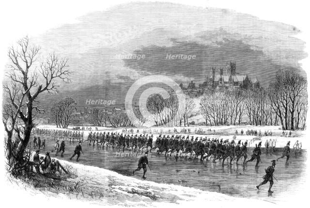 The First Lincolnshire Rifle Volunteers taking a march down the river Witham on skates, 1861. Artist: Unknown
