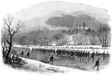 The First Lincolnshire Rifle Volunteers taking a march down the river Witham on skates, 1861