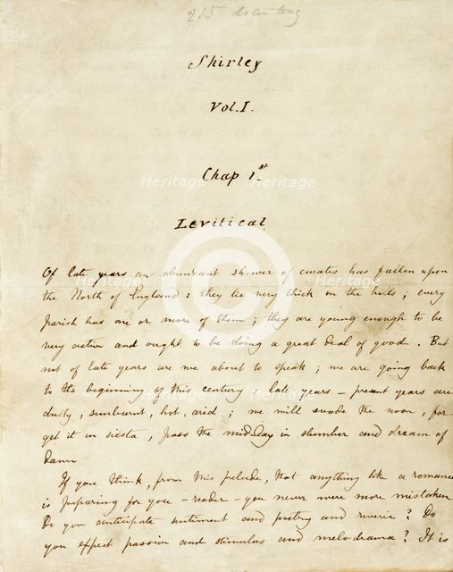 The first page of the manuscript of "Shirley", c1849. Creator: Charlotte Bronte.