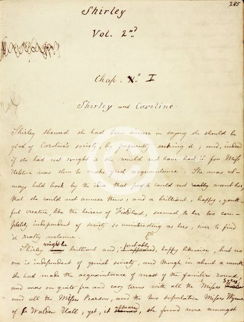 The first page of Volume 2 of the manuscript of "Shirley", c1849.  Creator: Charlotte Bronte.