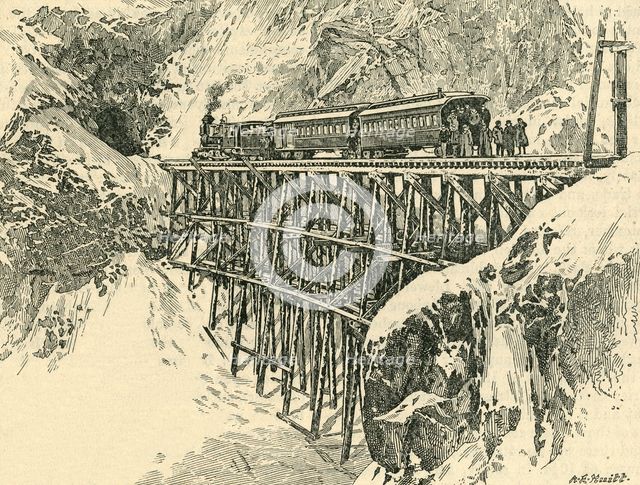 'The First Passenger Train Over the White Pass and Yukon Route to Klondike in Pursuit of Gold',c1900 Creator: A.E. Huitt.