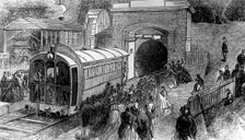 The first pneumatic passenger car, London, 1864. Creator: Unknown