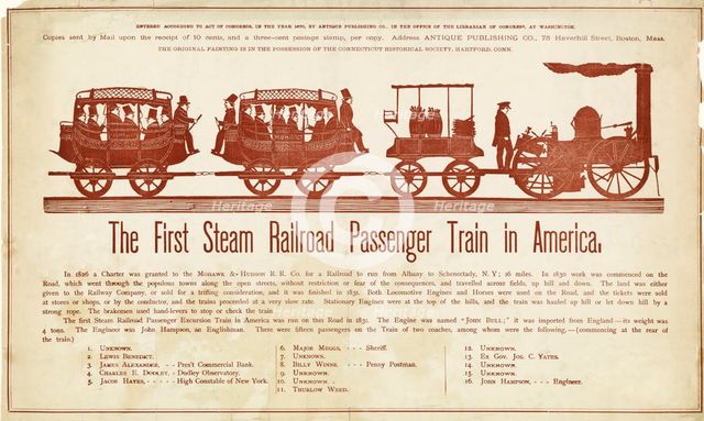 The First Steam Railroad Passenger Train in America, c.1870. 