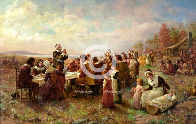 The First Thanksgiving at Plymouth, 1914. Creator: Brownscombe, Jennie Augusta (1850-1936).