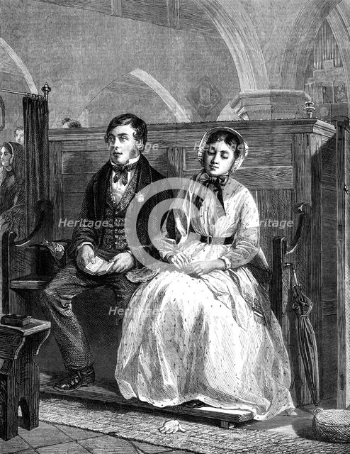"The First Time of 'Asking,'" by W. Hemsley,...Exhibition of the Society of British Artists, 1869. Creator: Unknown.