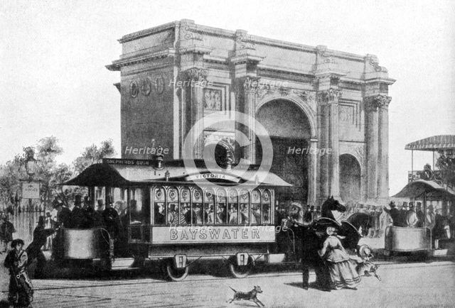 The first trams in London, 1861, (c1920). Artist: Unknown