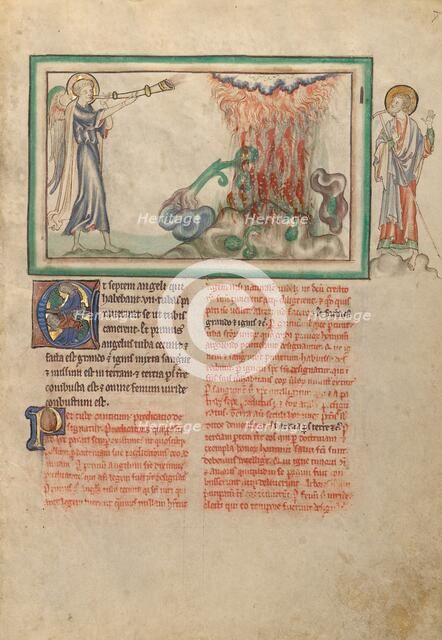The First Trumpet: Hail and Fire Fall from Heaven; Dyson Perrins Apocalypse, about 1255-1260. Creator: Unknown.