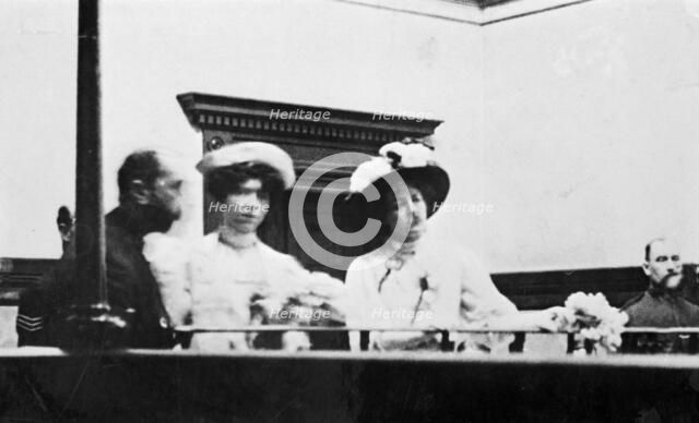 The first window-smashers, Mary Leigh and Edith New in the dock at Bow Street Magistrates, 1908. Artist: Unknown