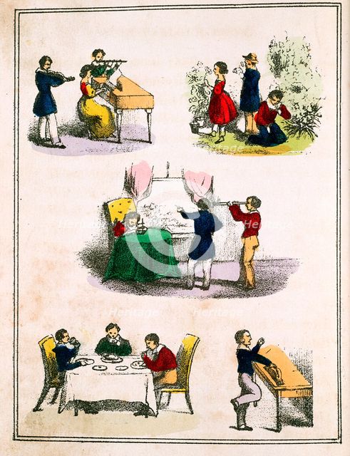 The Five Senses: smell, hearing, sight, touch and taste, c1850. Artist: Unknown