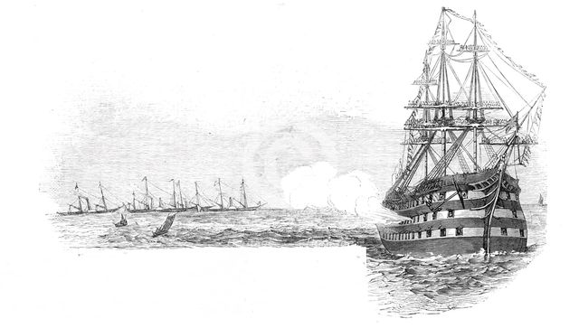 The Flag-Ship "Ocean", saluting the Royal Squadron, at the Nore, 1844. Creator: Ebenezer Landells.