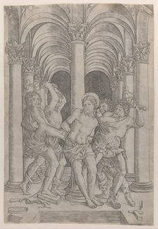 The Flagellation of Christ who is tied to a column at center set within an arcade, 1509., 1509. Creator: Giovanni Antonio da Brescia