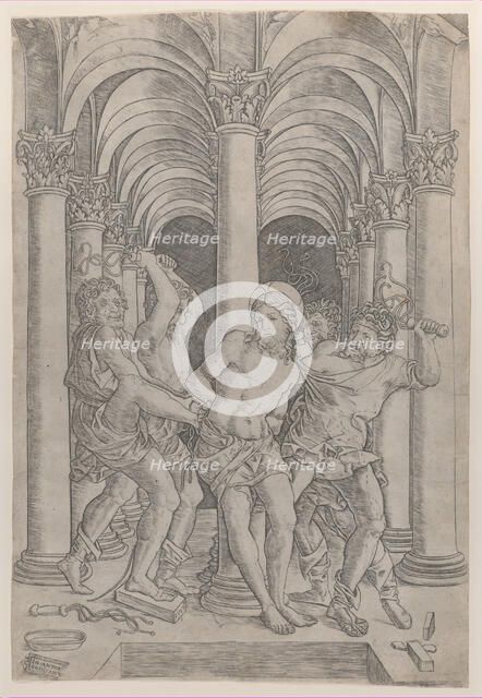 The Flagellation of Christ who is tied to a column at center set within an arcade, 1509., 1509. Creator: Giovanni Antonio da Brescia.