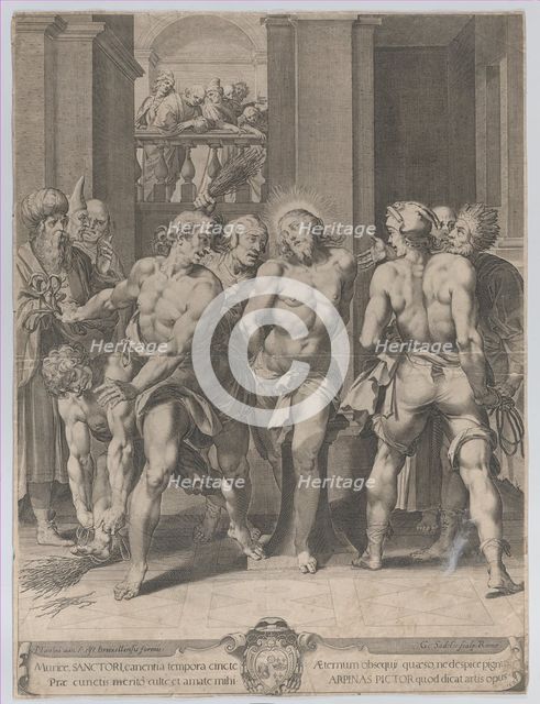 The Flagellation of Christ, with floggers on either side and figures watching from a balco..., 1593. Creator: Aegidius Sadeler II.