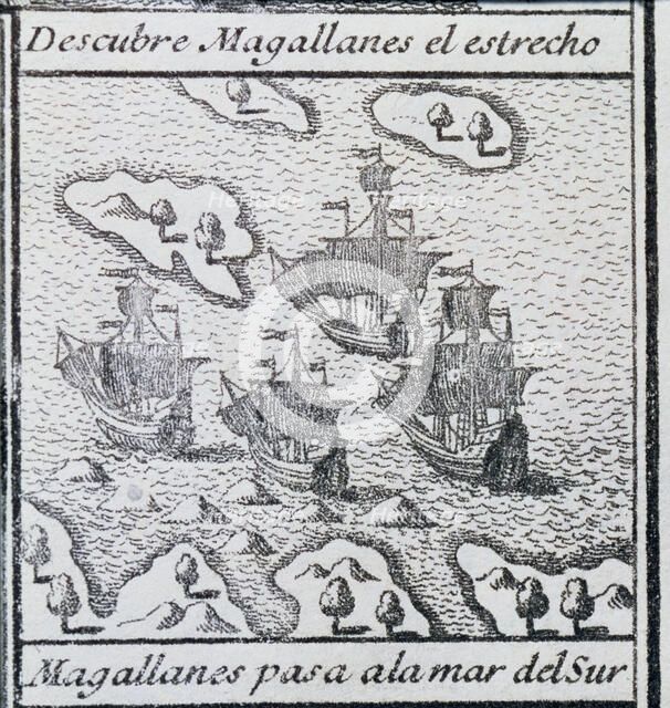 The fleet of ships Trinidad, led by Magellan, Concepción, San Antonio and Victoria on its way to …