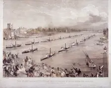 The fleet of the City steamboats passing in review order off Chelsea, London, c1860. Artist: Edwin Jewitt
