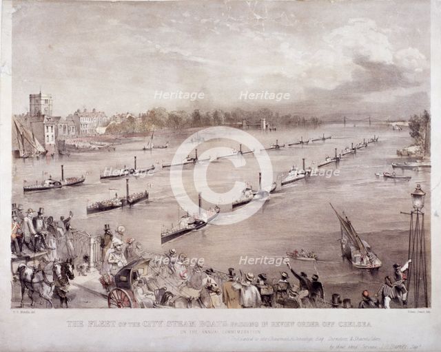 The fleet of the City steamboats passing in review order off Chelsea, London, c1860. Artist: Edwin Jewitt