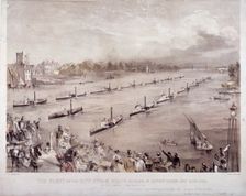 The fleet of the City steamboats passing in review order off Chelsea, London, c1860. Artist: Edwin Jewitt