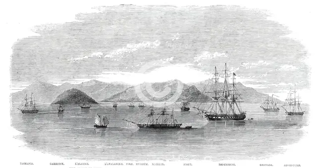 The Fleet in China under Admiral Jones assembled off Kintang prior to the occupation of Chusan, 1860 Creator: Unknown.