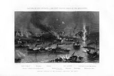 The fleet passing forts on the Mississippi, capture of New Orleans, 1862-1867.Artist: W Ridgway