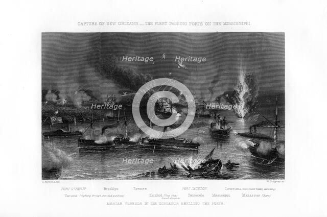 The fleet passing forts on the Mississippi, capture of New Orleans, 1862-1867.Artist: W Ridgway