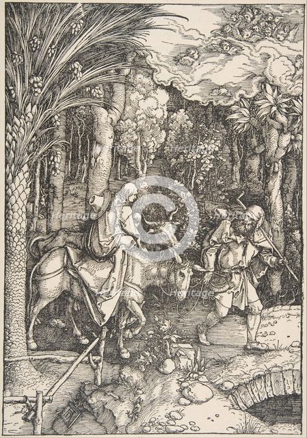 The Flight into Egypt, from The Life of the Virgin, Latin Edition, 1511, 1511. Creator: Albrecht Durer.