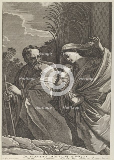 The Flight into Egypt; the Virgin carrying the infant Christ, Joseph pointing to th..., ca. 1635-57. Creator: Samuel Bernard.