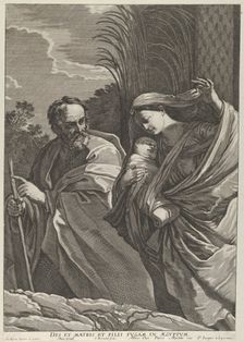 The Flight into Egypt; the Virgin carrying the infant Christ, Joseph pointing to th..., ca. 1635-57. Creator: Samuel Bernard