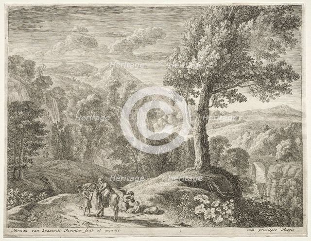 The Flight into Egypt: The large tree and the cuocade. Creator: Herman van Swanevelt (Dutch, c. 1600-1655).