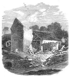 The Flood at Sheffield: remains of a wire-mill near Malin Bridge, 1864. Creator: Unknown