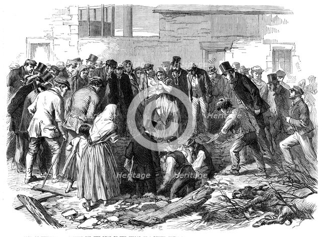 The Flood at Sheffield: searching for the dead in the cellar of a ruined house at Neepsend, 1864. Creator: Unknown.