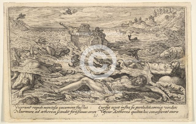 The Flood destroys life on earth: corpses of humans and animals adrift in the foreground..., 1612. Creator: Crispijn de Passe I.