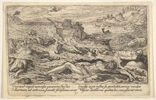 The Flood destroys life on earth: corpses of humans and animals adrift in the foreground..., 1612. Creator: Crispijn de Passe I
