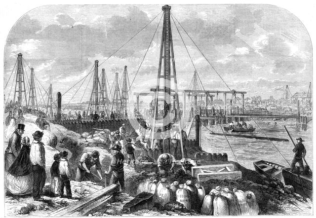 The Flood in the Fens: making the cofferdam, 1862. Creator: Unknown.