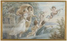 The floating royal couple Oberon and Titania, accompanied by other elves, c1883. Creator: Leopold Bode