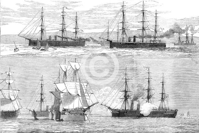 The Flying Squadron entering the Bay of Yedo [and] the Bacchante saluting the Japanese flag, 1881. Creator: Unknown.