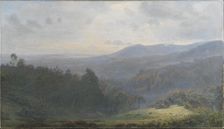 The fog lifts over the forests at Himmelbjerget. Early autumn morning, 1895. Creator: Harald Foss