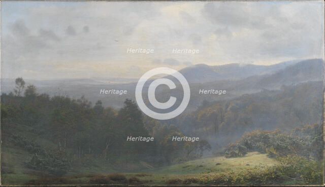 The fog lifts over the forests at Himmelbjerget. Early autumn morning, 1895. Creator: Harald Foss.