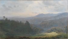 The fog lifts over the forests at Himmelbjerget. Early autumn morning, 1895. Creator: Harald Foss