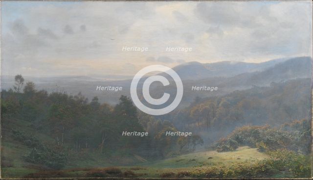 The fog lifts over the forests at Himmelbjerget. Early autumn morning, 1895. Creator: Harald Foss.
