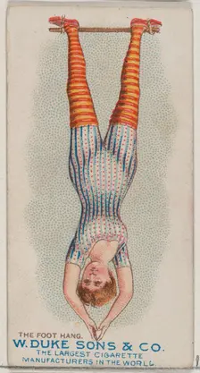 The Foot Hang, from the Gymnastic Exercises series (N77) for Duke brand cigarettes, 1887., 1887. Creator: Unknown